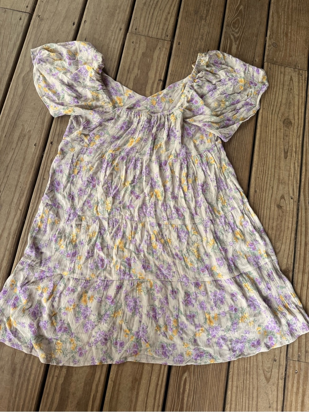 Pink Rose Cream Floral Puff-Sleeve Casual Dress with Purple and Yellow Flowers